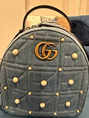 Gucci Denim Mini Backpack in Light Blue with Gold Hardware and Pearl Studs